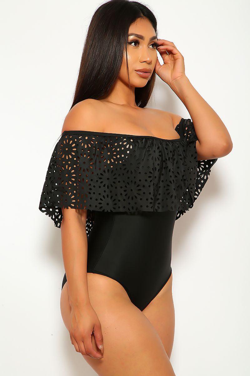 Sexy Black Off The Shoulder Perforated One Piece Swimsuit - AMIClubwear