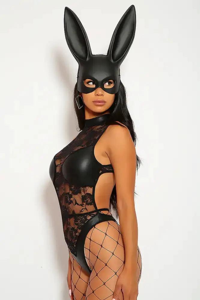 Sexy Black One Piece Costume Bodysuit Lace Detail Faux Leather Embroidery Body Con