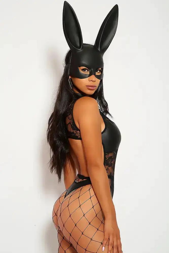 Sexy Black One Piece Costume Bodysuit Lace Detail Faux Leather Embroidery Body Con