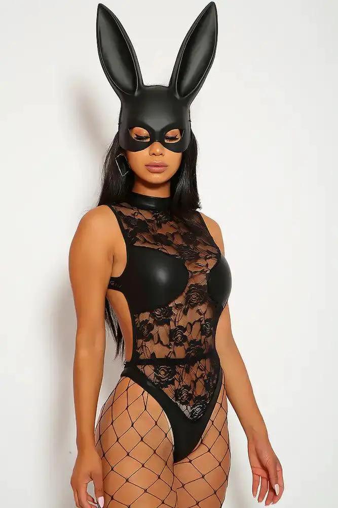 Sexy Black One Piece Costume Bodysuit Lace Detail Faux Leather Embroidery Body Con