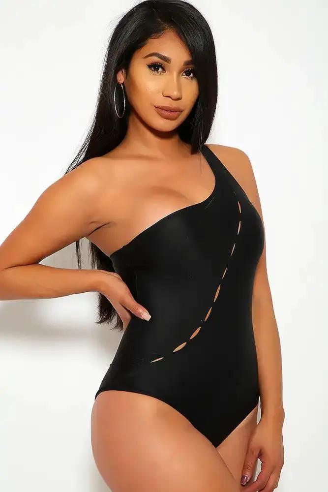 Sexy Black One Shoulder Cut Out Detailed One Piece Swimsuit