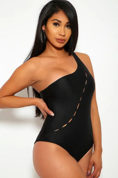 Sexy Black One Shoulder Cut Out Detailed One Piece Swimsuit - AMIClubwear