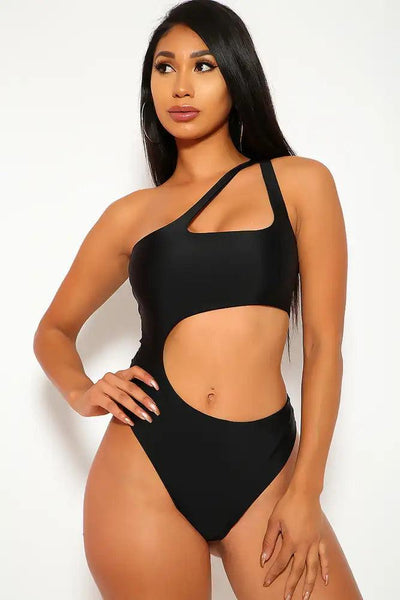 Sexy Black One Shoulder Cut Out Monokini - AMIClubwear
