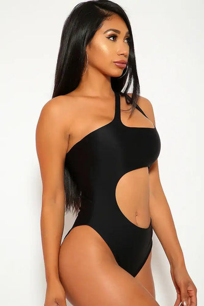 Sexy Black One Shoulder Cut Out Monokini - AMIClubwear
