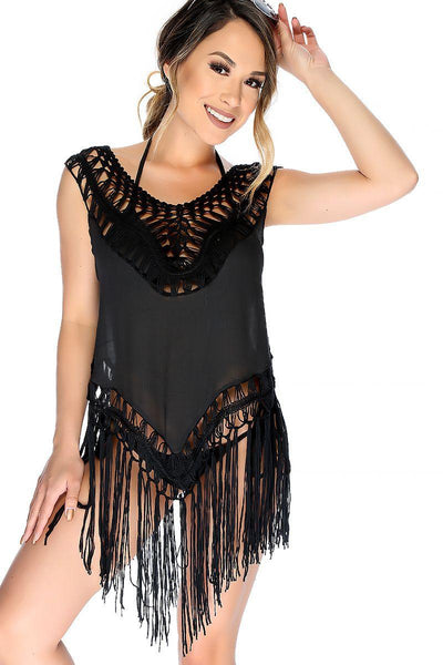Sexy Black Open Knitted Fringe Detail Sleeveless Swimsuit Cover Up - AMIClubwear