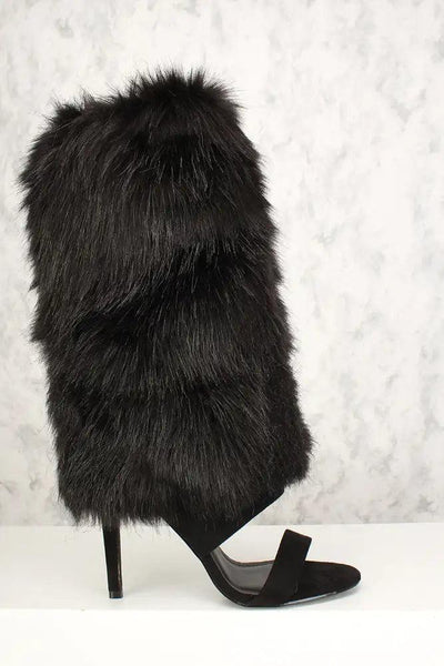 Sexy Black Open Toe Faux Fur Mid Calf Boots - AMIClubwear