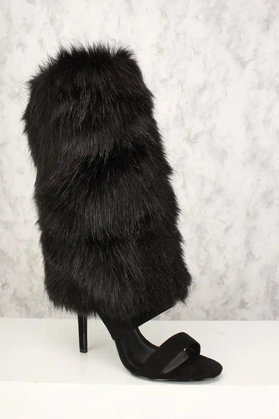 Sexy Black Open Toe Faux Fur Mid Calf Boots - AMIClubwear