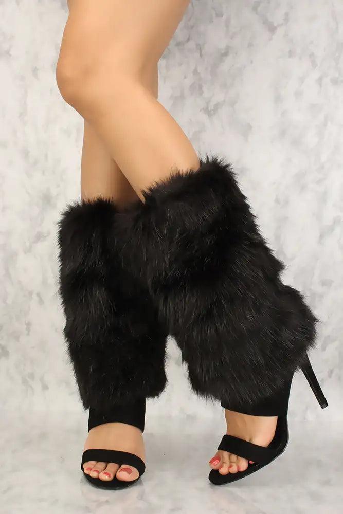 Sexy Black Open Toe Faux Fur Mid Calf Boots - AMIClubwear