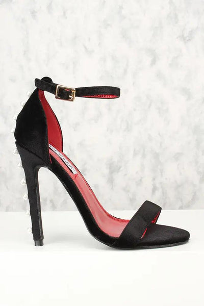 Sexy Black Open Toe Faux Pearl Ankle Strap Single Sole High Heels - AMIClubwear