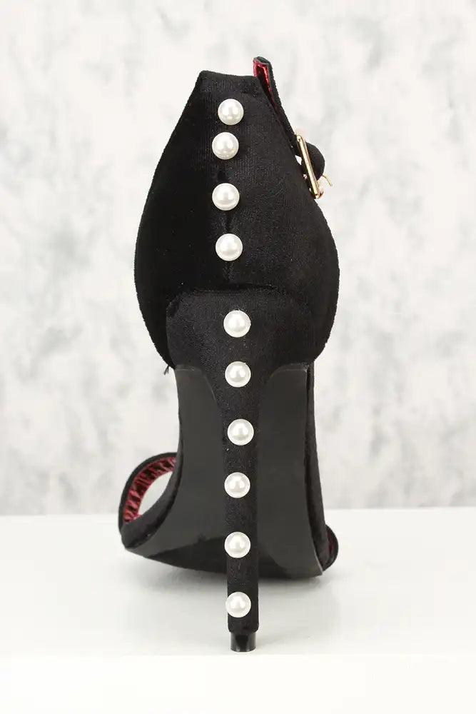 Sexy Black Open Toe Faux Pearl Ankle Strap Single Sole High Heels - AMIClubwear