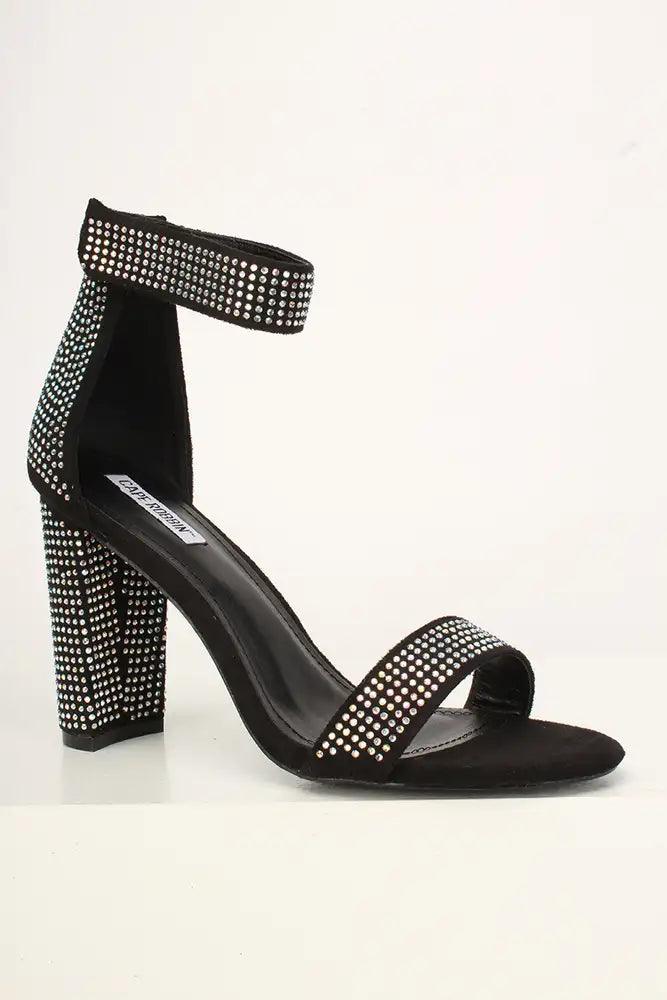 Sexy Black Open Toe Rhinestone Chunky High Heels Faux Suede - AMIClubwear