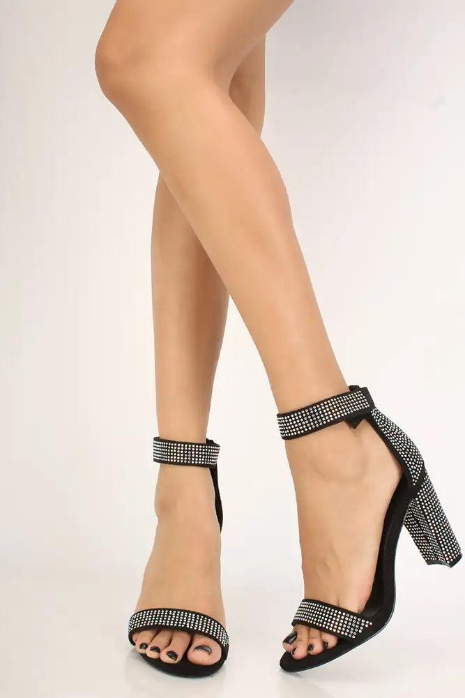 Sexy Black Open Toe Rhinestone Chunky High Heels Faux Suede - AMIClubwear