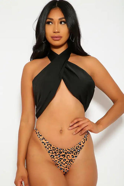 Sexy Black Orange Animal Print Crossed One Piece Monokini - AMIClubwear