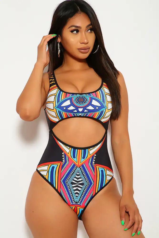 Sexy Black Orange Ethnic Print Cut Out Detailing One Piece Swimsuit - AMIClubwear