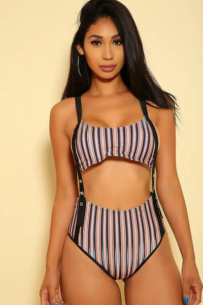 Sexy Black Orange Stripe Pattern Padded One Piece Monokini - AMIClubwear