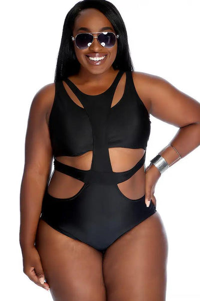 Sexy Black Padded Cutout One Piece Monokini Plus Size Swimsuit - AMIClubwear