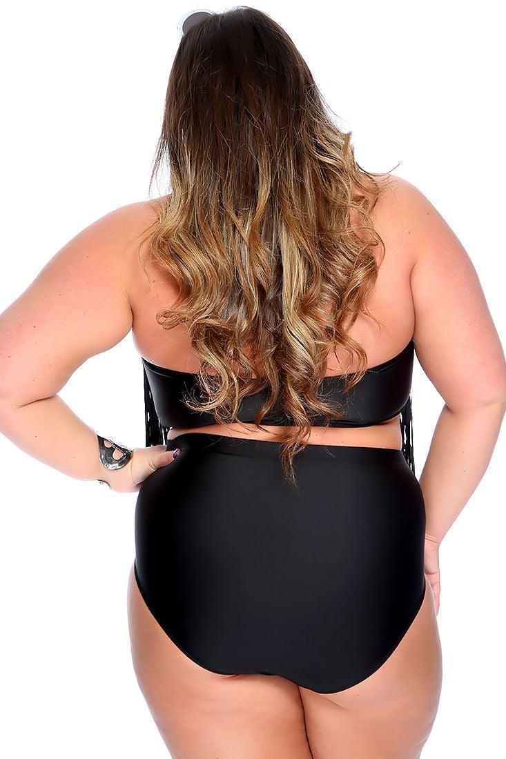 Sexy Black Padded Fringe High Waist Plus Size Swimsuit - AMIClubwear