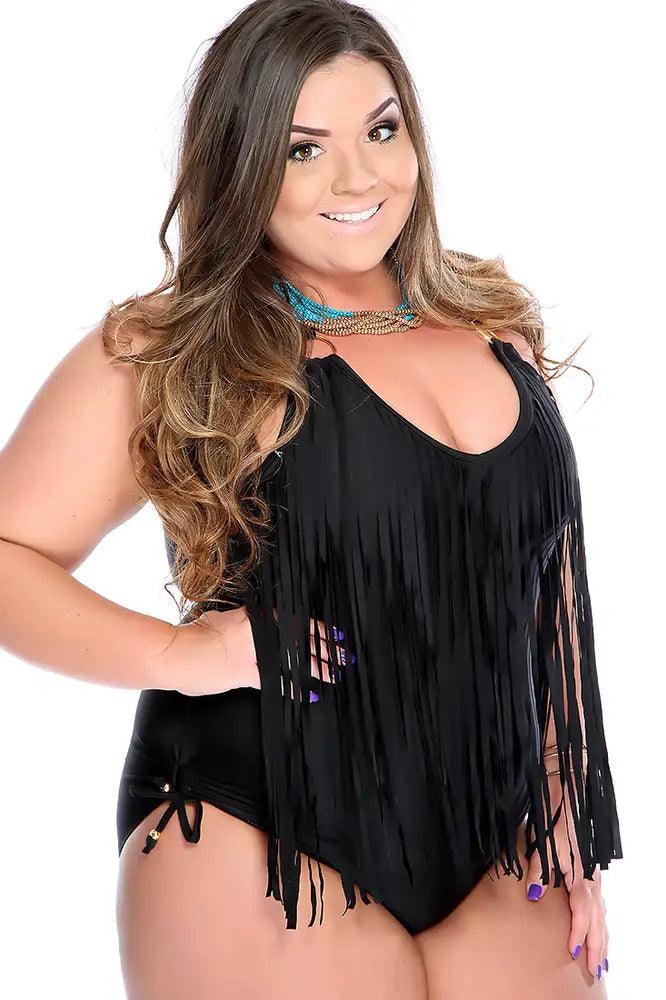 Sexy Black Padded Fringe O-Ring Accent Halter Plus Size Swimsuit - AMIClubwear