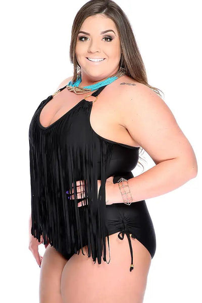 Sexy Black Padded Fringe O-Ring Accent Halter Plus Size Swimsuit - AMIClubwear