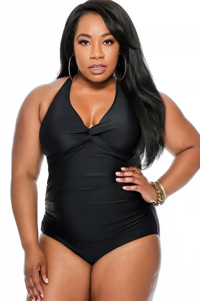 Sexy Black Padded Knotted Detail Ruched Plus Size One Piece Swimsuit - AMIClubwear