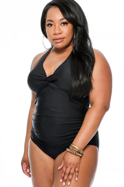 Sexy Black Padded Knotted Detail Ruched Plus Size One Piece Swimsuit - AMIClubwear