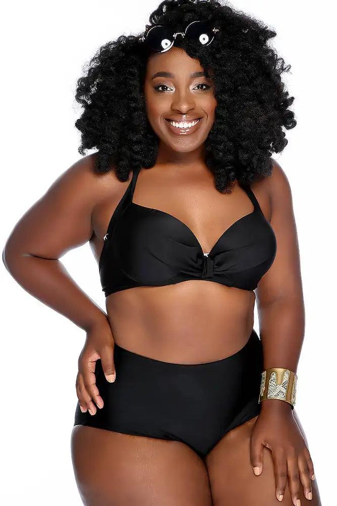 Sexy Black Padded Ruched Halter High Waist Two Piece Swimsuit Plus - AMIClubwear