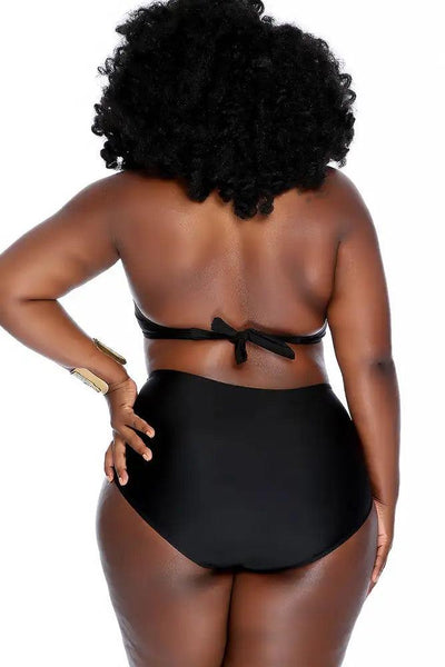 Sexy Black Padded Ruched Halter High Waist Two Piece Swimsuit Plus - AMIClubwear
