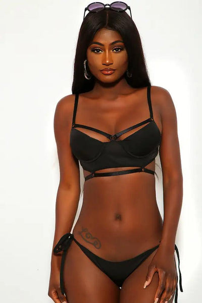 Sexy Black Padded Strappy Detail Two Piece Swimsuit - AMIClubwear