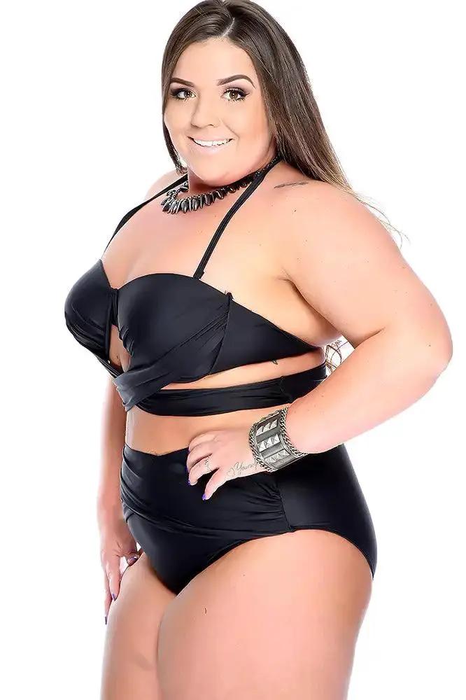 Sexy Black Padded Strappy Halter High Waist Cut Out Plus Size Swimsuit