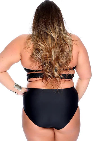 Sexy Black Padded Strappy Halter High Waist Cut Out Plus Size Swimsuit - AMIClubwear