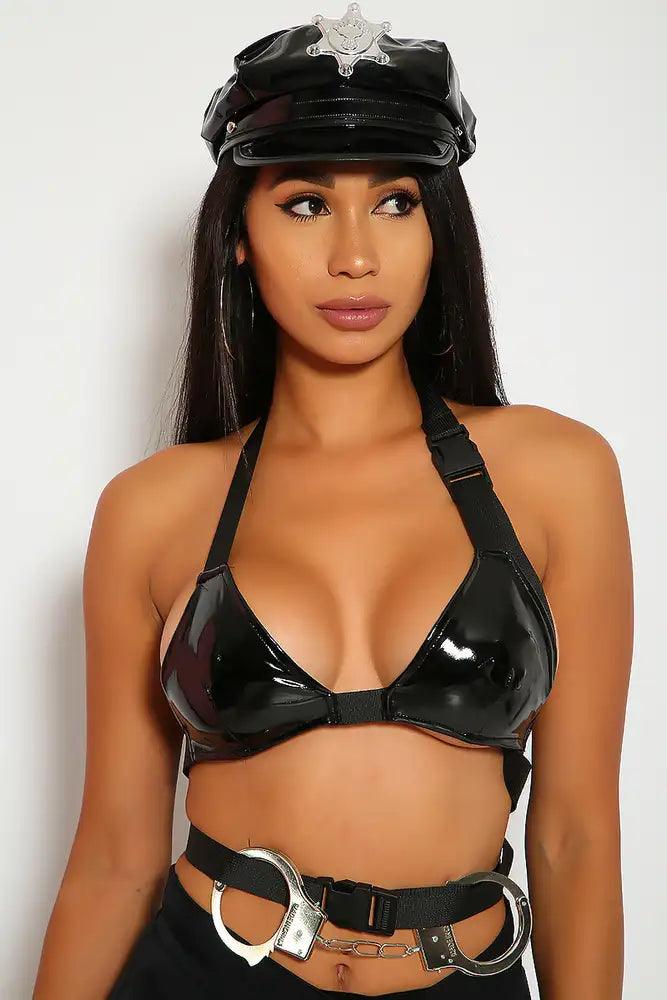 Sexy Black Patent Authority Bralette Strap Top Costume - AMIClubwear