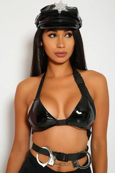 Sexy Black Patent Authority Bralette Strap Top Costume - AMIClubwear