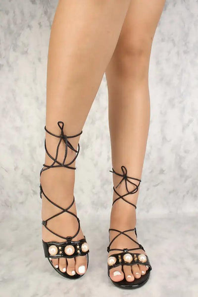 Sexy Black Patent Pearl Lace Up Open Toe Sandals - AMIClubwear