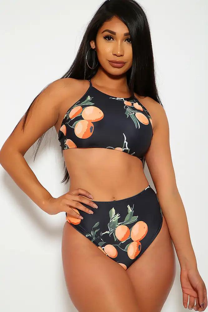 Sexy Black Peach Print Padded Two Piece Swimsuit - AMIClubwear