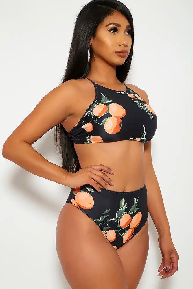 Sexy Black Peach Print Padded Two Piece Swimsuit - AMIClubwear