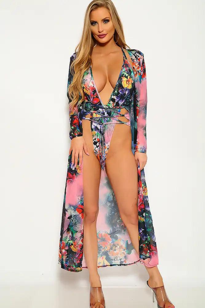 Sexy Black Pink Floral Strappy Swimsuit Set - AMIClubwear