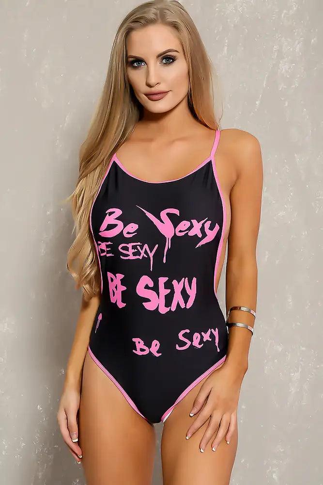 Sexy Black Pink Graphic Print Cheeky One Piece Swimsuit - AMIClubwear
