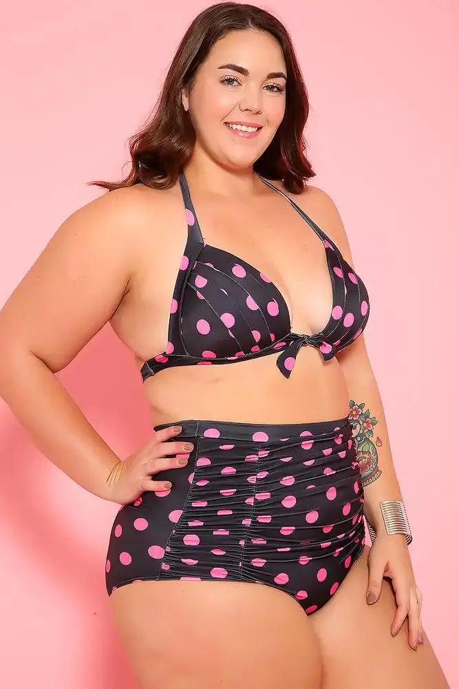 Sexy Black Pink Printed Padded Two Piece High Waist Plus Size Swimsuit