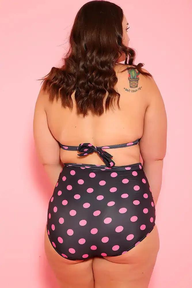 Sexy Black Pink Printed Padded Two Piece High Waist Plus Size Swimsuit