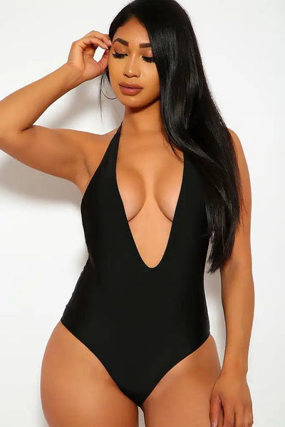 Sexy Black Plunge V-Cut Padded Strappy One Piece Swimsuit Monokini - AMIClubwear