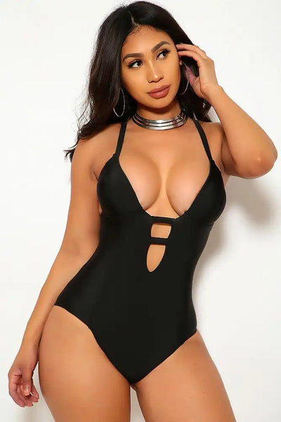 Sexy Black Plunging Strappy Cut Out Monokini - AMIClubwear