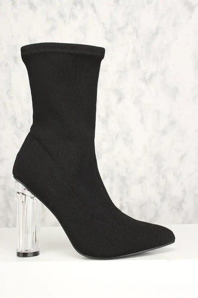 Sexy Black Pointy Toe Clear Chunky Heel Mid Calf Booties Knit - AMIClubwear