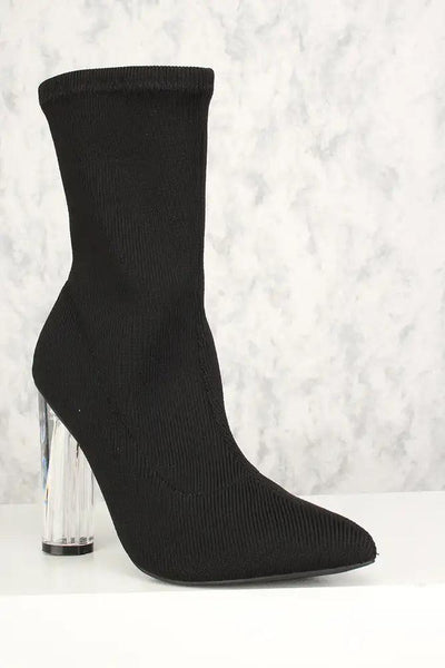 Sexy Black Pointy Toe Clear Chunky Heel Mid Calf Booties Knit - AMIClubwear