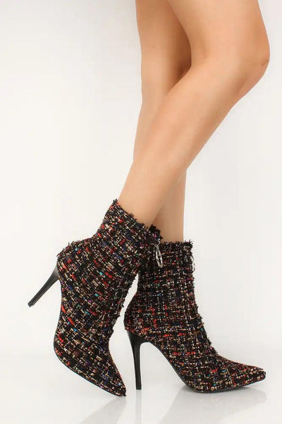 Sexy Black Pointy Toe High Heels Booties Tweed - AMIClubwear