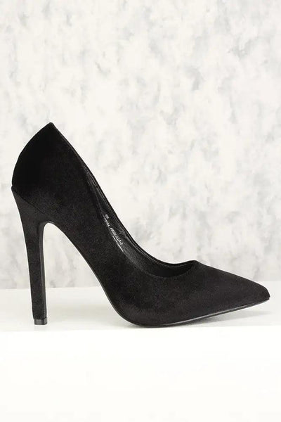 Sexy Black Pointy Toe Single Sole High Heels Pumps Velvet - AMIClubwear