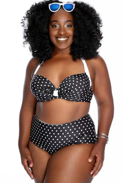 Sexy Black Polka Dot Padded Ruched Halter High Waist Two Piece Swimsuit Plus - AMIClubwear