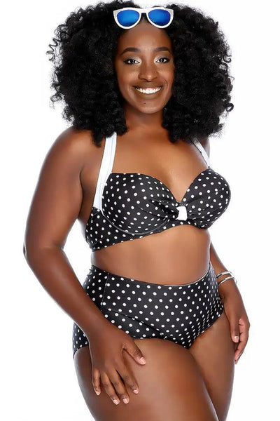 Sexy Black Polka Dot Padded Ruched Halter High Waist Two Piece Swimsuit Plus - AMIClubwear