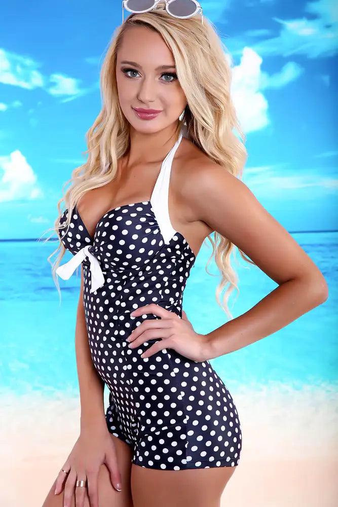 Sexy Black Polka Dot Print Deep Plunging Padded V-neck Halter Strap Short Bottoms One Piece Swimsuit - AMIClubwear