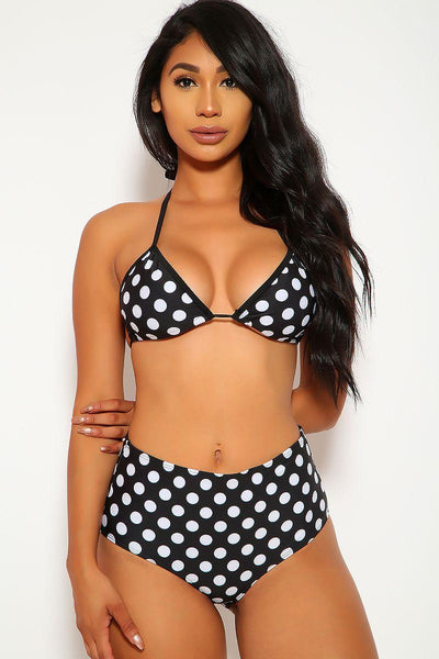 Sexy Black Polka Dot Triangle High Waisted Two Piece Swimsuit - AMIClubwear