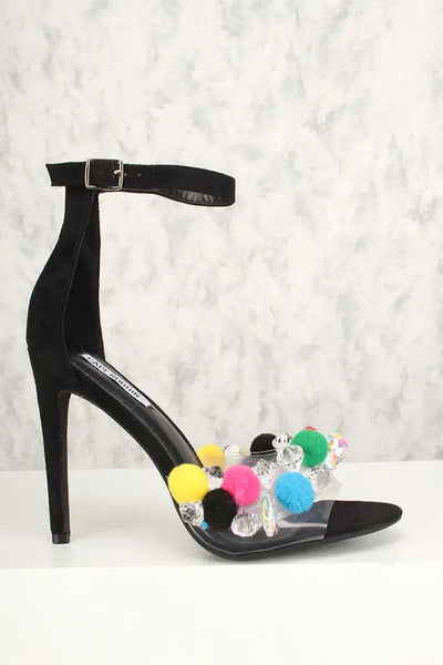 Sexy Black Pom Pom Rhinestone Open Toe High Heels Faux Suede - AMIClubwear